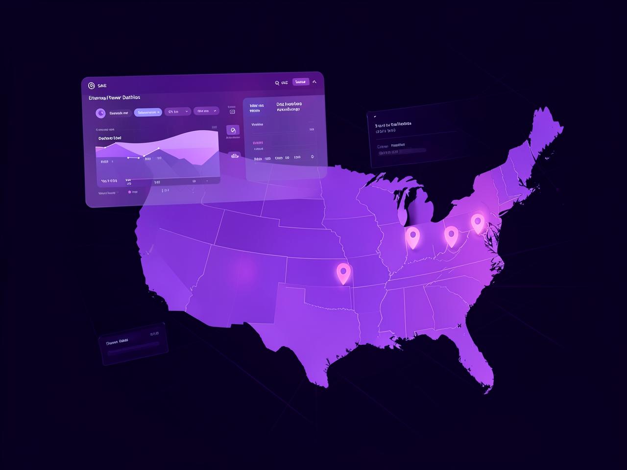 Illustration of AscenPay payroll dashboards over a map of the United States with location pins